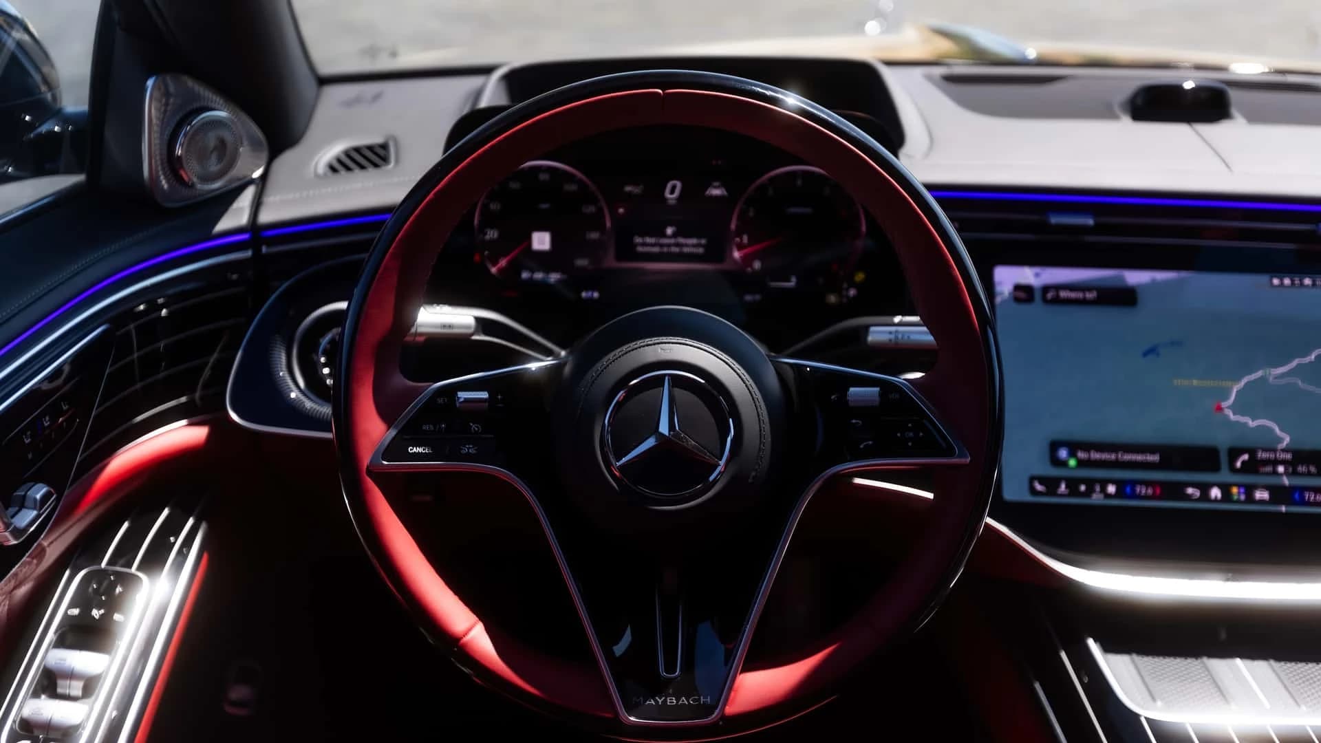 Burgundy steering wheel and dashboard in the 2027 Mercedes-Maybach S680